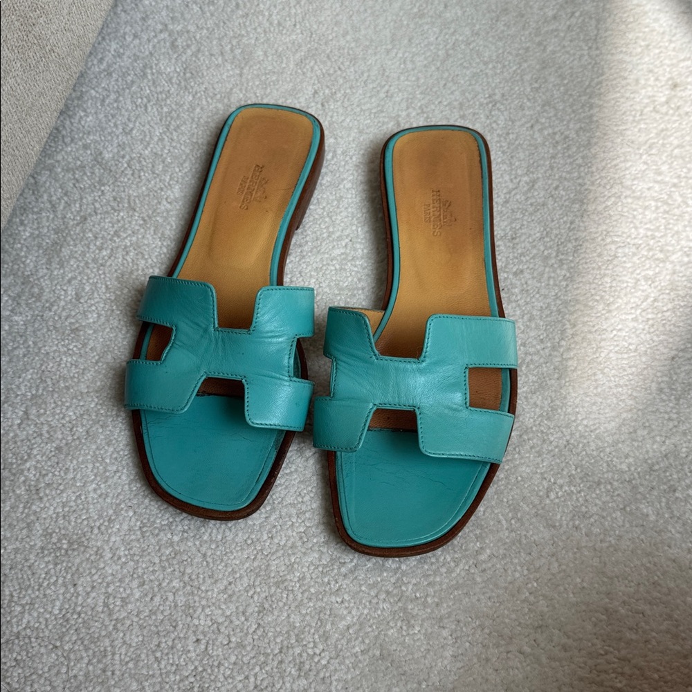 Hermes Turquoise Leather H Slide Sandals